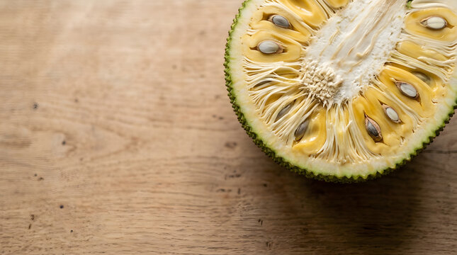 Half-cut jackfruit on rustic wooden table with natural lighting