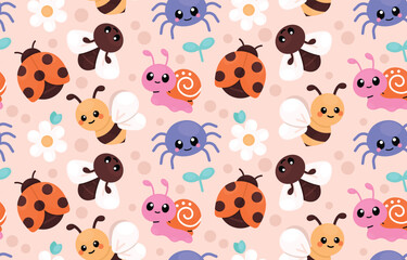 Fototapeta premium Cute cartoon insects and bugs playful pattern isolated on transparent background