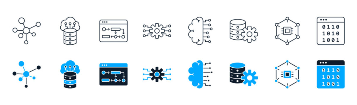 AI data network icon set collection featuring neural network, streaming data, deep learning layers, connected nodes, algorithm flowchart, machine learning curve, binary code