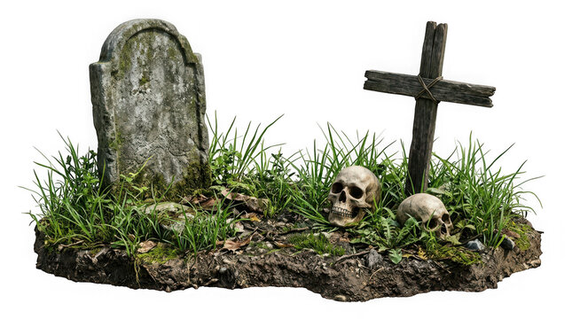 Graveyard scene with tombstone, wooden cross, and skulls isolated on transparent background