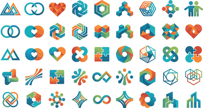 Abstract geometric logo templates in blue orange and green colors for corporate branding identity.