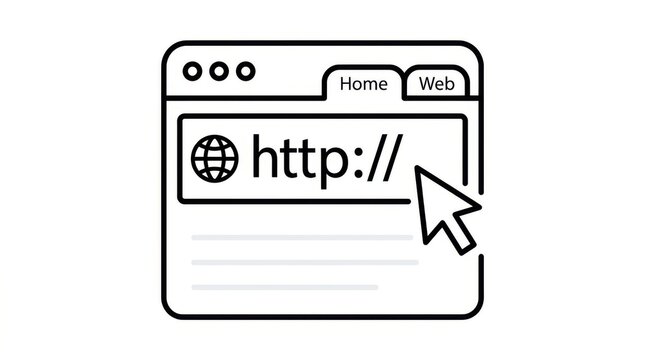 Simple line art icon of a web browser window with a url address bar and a mouse cursor pointer isolated on white