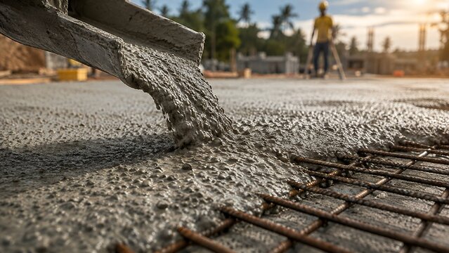 Concrete Pouring on Reinforced Foundation Slab at Construction Site, Building and Civil Engineering Concept