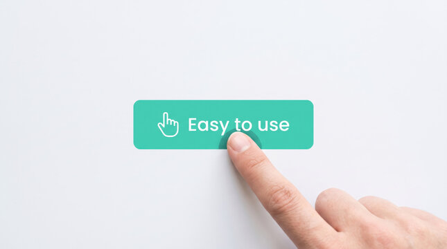 Easy to use user interface button concept. Minimalist teal digital tag with finger touch. User experience web design. Accessibility interface.