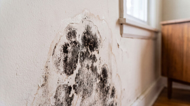 Extensive black mold and significant water damage staining a painted interior wall next to a window.