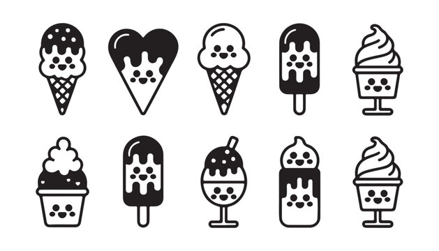 Cute ice cream characters set with happy faces on transparent background for kids menu design patterns.