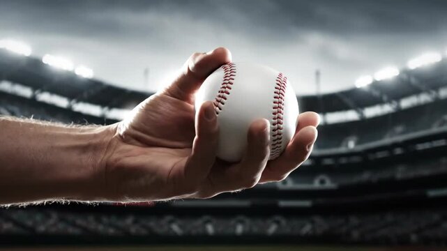 Hands in stadium holding baseball under dramatic lights