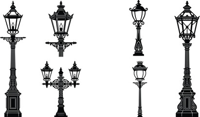 Vintage street lamp silhouette collection featuring ornamental gas lights and antique lanterns isolated on white background © Shipra
