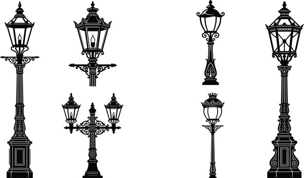 Vintage street lamp silhouette collection featuring ornamental gas lights and antique lanterns isolated on white background