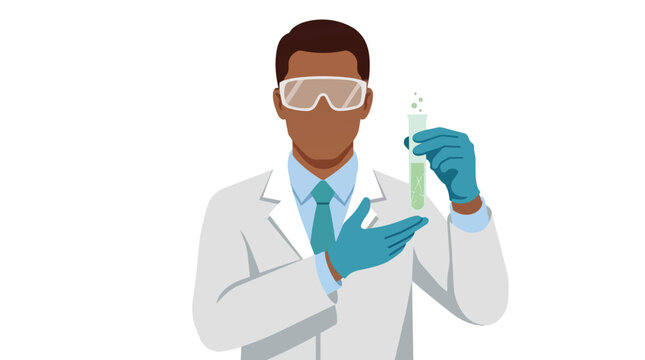 African american male scientist holding a test tube with green liquid flat vector illustration for pharmaceutical research and laboratory diagnostics