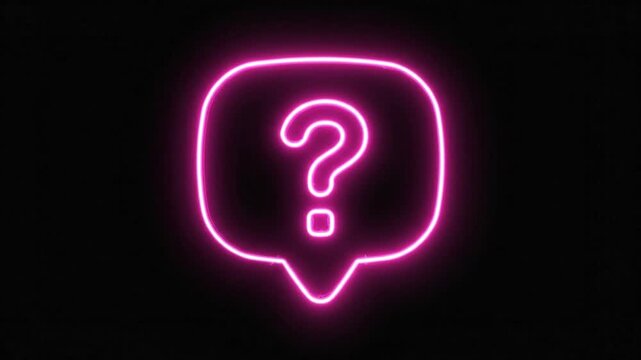 Neon pink question mark in speech bubble, glowing interrogation icon on black background, vibrant light sign for FAQ and support