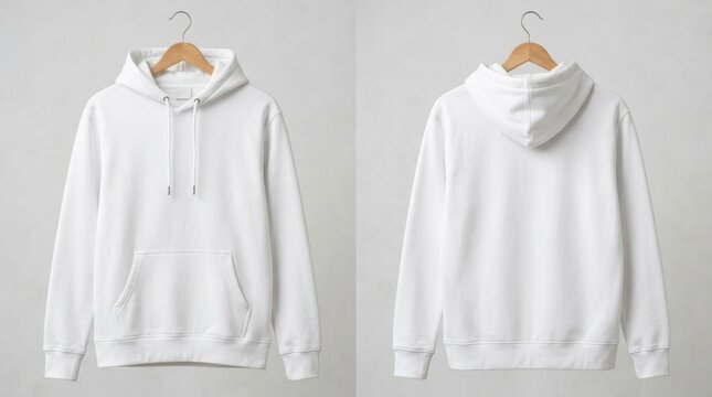 Front and back view of a plain white hoodie sweatshirt hanging on a wooden hanger for fashion apparel design display