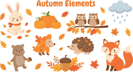 Obraz premium Autumn Elements Collection With Cute Woodland Animals Pumpkins Owls Fox Rabbit Leaves Acorns And Seasonal Nature Decorations