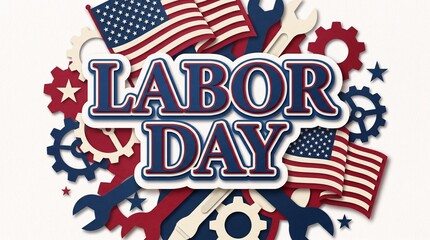 Obraz premium Labor day celebration background featuring american flags and industrial tools with gears on a white backdrop