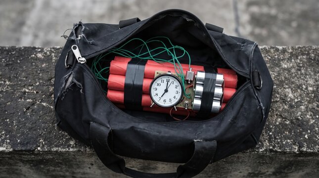 Time bomb explosive device with dynamite sticks and a clock timer hidden inside a black duffel bag.
