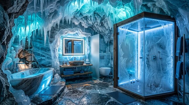 Luxury fantasy bathroom located inside a frozen ice cave with blue neon lighting and stone fixtures