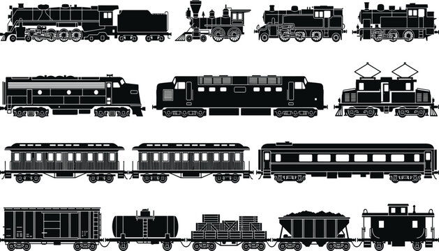 Vintage Train Silhouette Vector Collection Featuring Steam Locomotives Passenger Cars Freight Wagons and Railway Transport Isolated Set