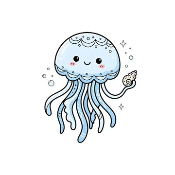 Cute cartoon jellyfish holding a seashell, kawaii sea animal illustration on white background