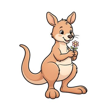 Cute cartoon kangaroo holding a small flower, friendly animal character illustration.