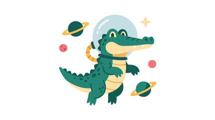 Fototapeta premium Astronaut crocodile space exploration journey modern flat vector illustration for children nursery branding and educational cosmic projects