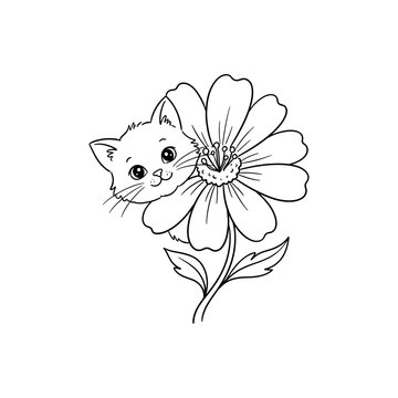 Cute kitten hiding behind a flower, hand drawn line art illustration for coloring page.