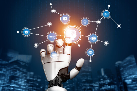 A futuristic robotic hand interacts with various digital icons, symbolizing the integration of technology and artificial intelligence in a modern urban landscape. Tessel