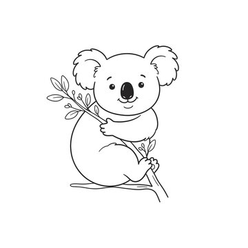 Cute koala hugging eucalyptus branch in black and white line art illustration