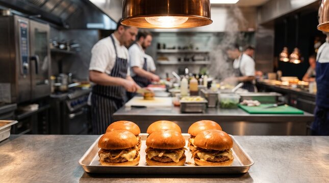 Mini burgers on a metallic tray in a commercial kitchen setting