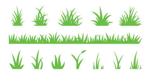 Fototapeta premium Green grass tufts and border silhouettes vector collection for natural garden and park landscape designs.