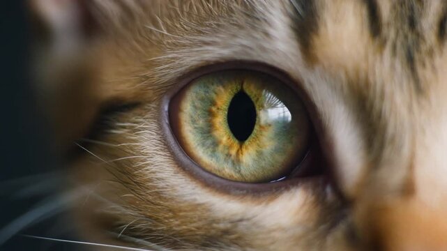 Extreme macro footage of a single adorable kitten eye with a naturally wider feline eye opening for International Cat Day