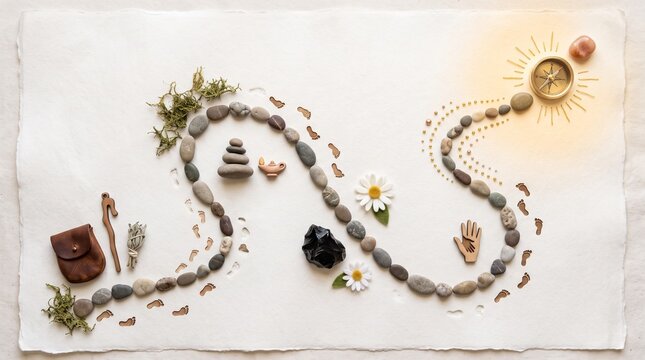Spiritual Journey Map: A winding path crafted from smooth river stones, adorned with natural elements like moss, herbs, and wildflowers, leads towards a radiant sun and compass.