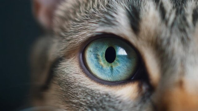 Extreme macro footage of a single adorable cat eye expressing a gentle curious mood, bright aqua iris for International Cat Day