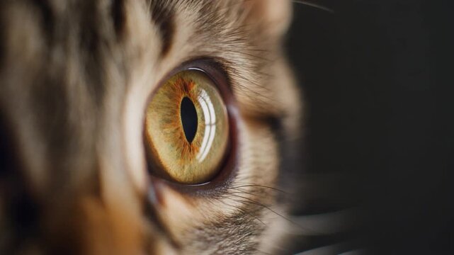 Extreme macro footage of a single cute kitten eye looking slightly toward the edge of the frame for International Cat Day