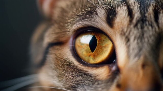 Extreme macro footage of a single adorable cat eye expressing subtle playful mischief, natural feline anatomy for International Cat Day
