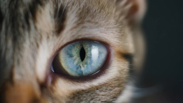 Extreme macro footage of a single adorable sleepy kitten eye, partially lowered feline eyelid for International Cat Day