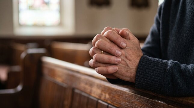 Praying Hands in Church: A close-up of weathered hands clasped in prayer, resting on a wooden pew inside a place of worship, evoking a sense of faith and introspection.