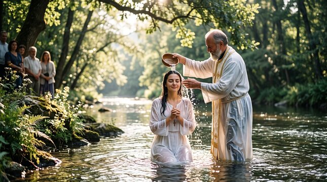 Baptismal Blessing: A woman receives a holy baptism in a tranquil forest river, blessed by a clergyman as onlookers witness the sacred ceremony, surrounded by nature's serene beauty.