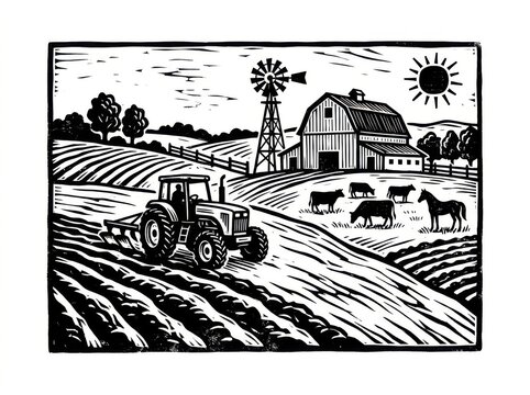 Tractor plowing field with barn and windmill under sunny sky