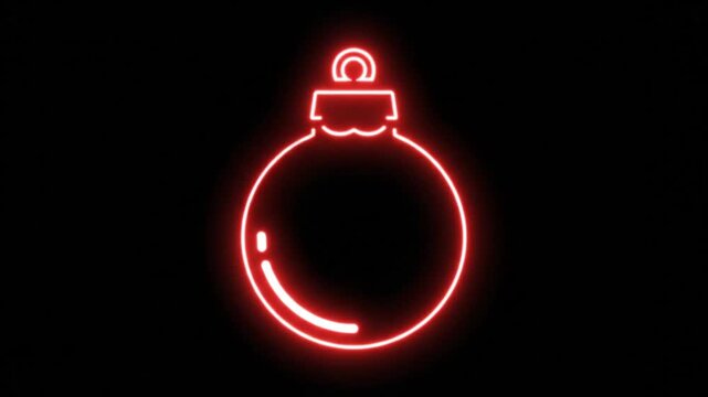 Neon red Christmas ornament icon on black background. Glowing holiday bauble outline. Festive winter decoration light sign.