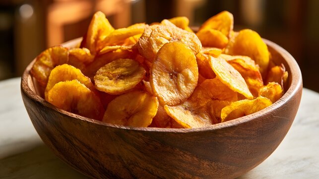 Crispy golden banana chips served in a wooden bowl, close-up healthy snack and dried fruit concept for natural food, vegan diet, crunchy treats, tropical ingredients and homemade nutrition