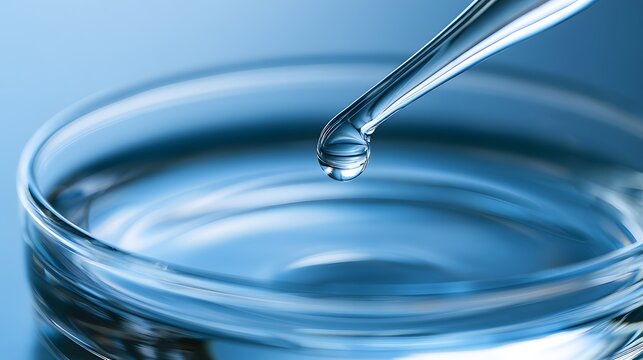 Glass pipette releasing a clear liquid drop into blue laboratory dish, scientific research and testing concept for chemistry, biotechnology, medicine, cosmetic serum, analysis and precision