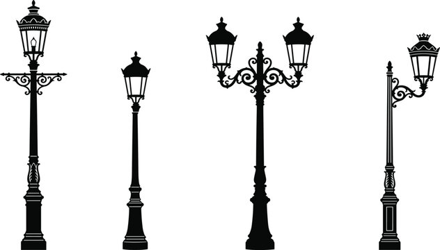 Vintage Victorian Street Lamp Post Silhouette Vector Set with Ornate Decorative Lantern Designs Isolated on White Background
