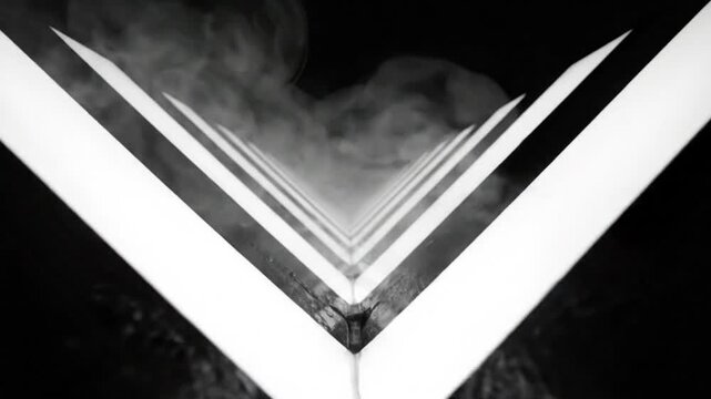 Abstract black and white perspective video of geometric shapes, steam, and depth of field creating futuristic design