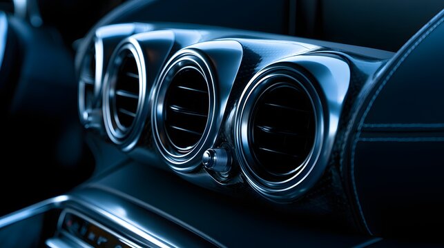 Close-up of modern car dashboard air vents with metallic trim, automotive interior and climate control concept for air conditioning, ventilation, luxury vehicle design and cabin comfort