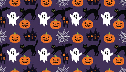 Obraz premium Seamless Halloween pattern displays a repeating design of black cats, white ghosts, orange pumpkins, and houses.