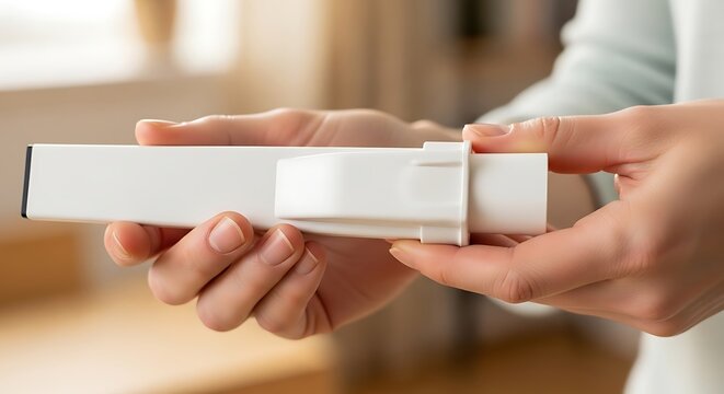 A person carefully assembling a device component by holding plastic parts together inside a residential living space during daytime hours while focusing on mechanical tasks with dexterity