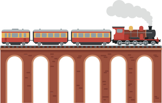 Vintage Steam Train Crossing Railway Bridge, Flat Vector Illustration for Travel Transportation Adventure Design