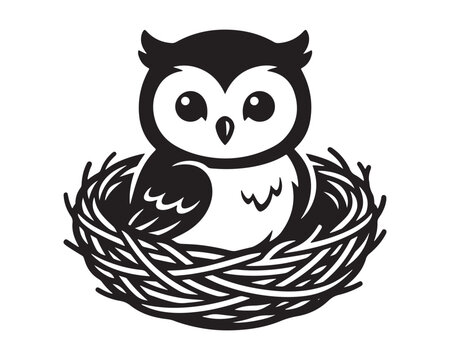 Cute baby owl sitting inside a woven bird nest vector illustration with wildlife