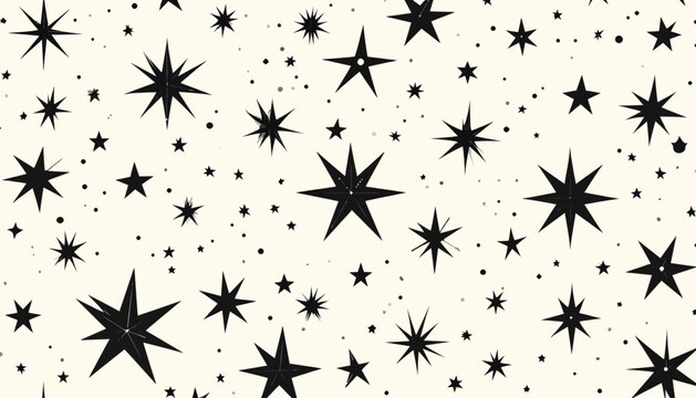 Elegant seamless pattern of black stars and dots on a light background, perfect for creating festive, cosmic, or decorative graphic design elements