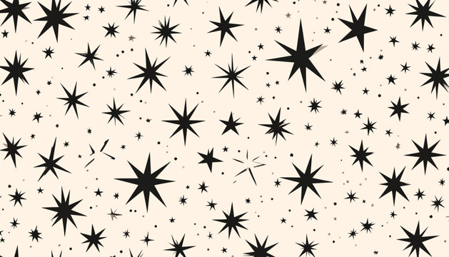 A visually captivating seamless pattern of numerous black starbursts and dots scattered across a cream-colored background
